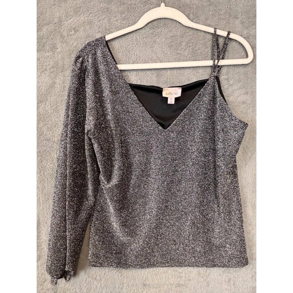 Willow + Root Silver Metallic One Shoulder Puff Sleeve‎ Shimmer Top XL ST11816